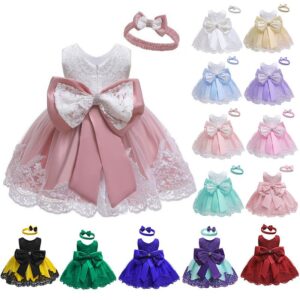 Children Kids Toddler Girls Bow Tutu Skirt Lace Mesh Birthday Dress And Hairband