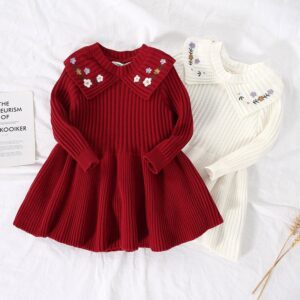 Children Kids Toddlers Girls Embroidered Long Sleeves Knitted Dress