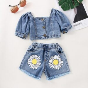 Toddler Newborn Baby Infant Girls Square Neck Top And Flower Denim Short 2pcs Set