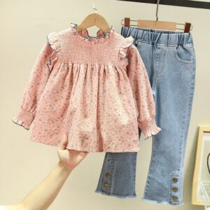 Baby Girl Children's Clothing Spring And Autumn New Girl Tiny Flower Cute Doll Skirt + Denim Flared Two-Piece Suit