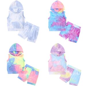Children Kids Toddler Boys Girls Tie-Dye Sleeveless Hooded Pullover Tops And Short 2pcs Set