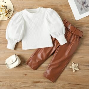 Children Kids Toddler Girls Puff Sleeve Long Sleeves T-Shirt And Pu Pants 2pcs Set