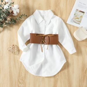 Children Kids Toddler Girls Lapel Shirt Dress And Belt 2pcs Set
