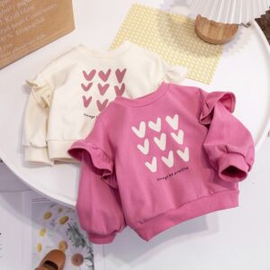 Kids Toddler Girls Fashion Casual Heart Crew Neck Long Sleeve Sweatshirt