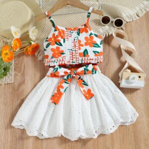 Kids Toddler Girls Fashion Printed Lace Sling Cutout Cotton Dress Two-Piece Set