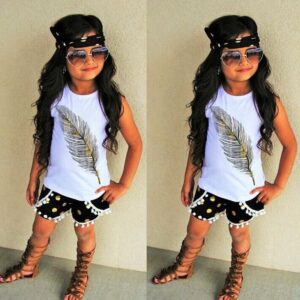 3 Pcs Casual Girl Kid Set White VestsAnd Shorts With Headband