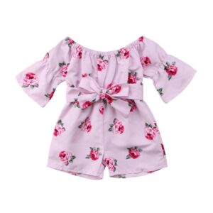 Girls Off-the-Shoulder Rose Print Short-sleeved Romper
