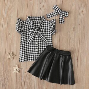 Fashion Girls Bow Decorated Plaid Shirt And PU Skirt With Headband Set