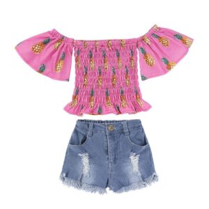 2 Pcs Set Sweet Girl Pineapple Print Off-sholuder Tops And Denim Shorts