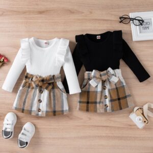Kids Toddler Girls Fashion Preppy British Autumn Pit Strip Ruffled Long-Sleeved Plaid Skirt Suit
