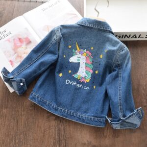 Girls Cartoon Unicorn Ripped Lapel Long Sleeve Denim Coat