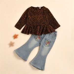 Kids Leopard Print Plicated Hem And Denim Flares Tow Pieces Set