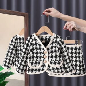 Kids Toddler Girls Fashion Fall Cardigan Skirt Houndstooth Set