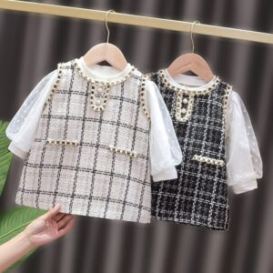 Kids Toddler Girls Fashion Plaid Two Piece Princess Dress