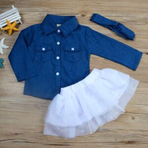 Children Solid Color Denim Mesh Gauze Three-piece Set
