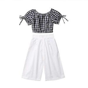 2pcs/set Girl Plaid Pattern Short Sleeve Top Wide-leg Pants Set