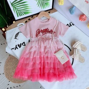 Girls Round Neck Sequined Letter Design Gradient Mesh Dress