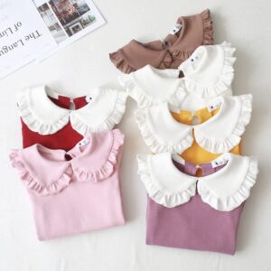 Girls Stringy Selvedge Design Lapel Long-sleeves T-Shirt