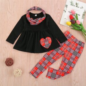 Girls Long-sleeves Heart Pattern Tops And Plaid Pants With Headband