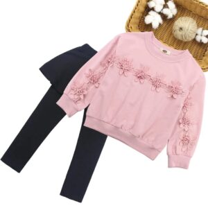 Girls Flower Design Solid Color Sweatshirt And Culotte Set