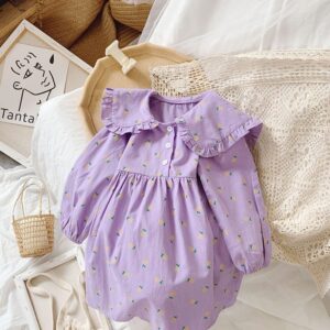 Girls Stringy Selvedge Lapel Long-sleeves Floral Dress