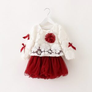 Kids Hollow Out Bowknot Decoration Tops And Fluffy Dress Set