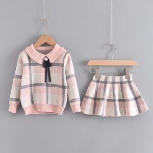Kids Fashion Lapel Design Tops And Plaid Skirt Set