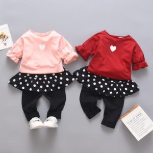Girls Round Neck Heart Printed Tops And Polka Dot Culotte Set