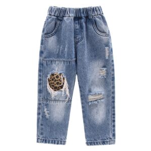 Kids Girls Causl Leopard Ripped Spliced Elastic Denim Pants