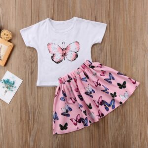 Kids Toddler Girls Fashion Butterfly Print Crew Neck Short Sleeve Top Dress Set