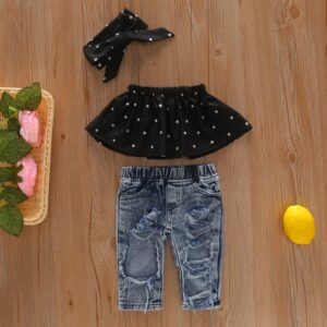 Kids Toddler Girls Fashion Printed Dotted Cotton Denim Ripped Pants Bandana Three Piece Set