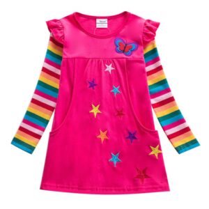 Kids Toddler Girls Fashion Long Sleeve Star Butterfly Embroidered Rainbow Sleeve Dress