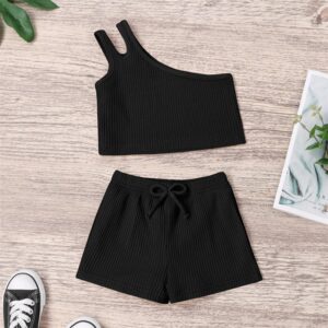 Kids Toddler Girls Fashion Solid Cotton Crew Neck Strap One Shoulder Shorts Set