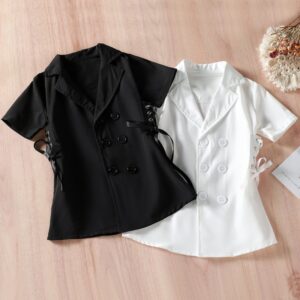 Girls Basic Solid Color Single-breasted Short-sleeved Lapel Dress