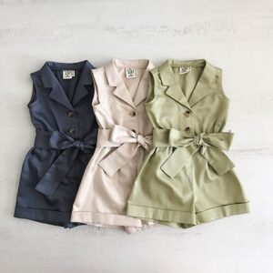 Kids Girls Basic Solid Color Lapel Sleeveless Single Breasted Romper