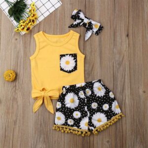 Kids Girls Casual Round Neck Sleeveless Flower Vest And Tassels Design Elastic Shorts With Headband Three-piece Set