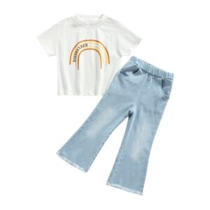 Kids Girls Casual Rainbow Print Round Neck Short Sleeve Loose T-Shirt And Elastic Waist Denim Flared Trousers Two-piece Set