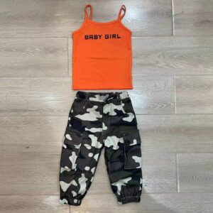 Kids Girls Casual Letter Pattern Sleeveless Vest And Elastic Waist Camouflage Pants Set
