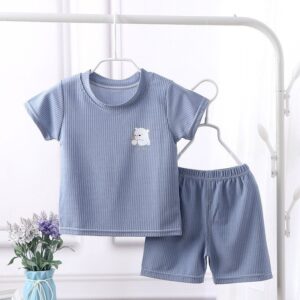 Kids Casual Solid Color Round Neck Short Sleeve Cartoon Pattern T-Shirt And Elastic Waist Shorts Set