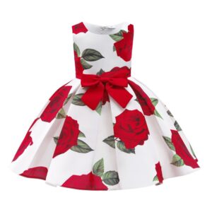 Toddler Kids Girl Red Rose Print Party Princess Dress