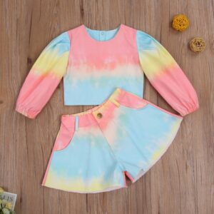 Kids Fashion Tie Dye Long Sleeve Top + Shorts Two Piece Set