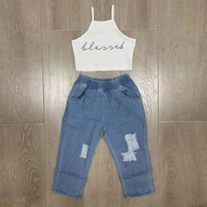 Kids Casual Sleeveless Vest Top Jeans Ripped Two-Piece Set