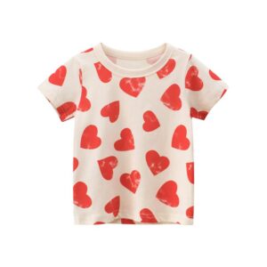 Children's Girls Heart Pattern Print Round Neck Short-Sleeved Top