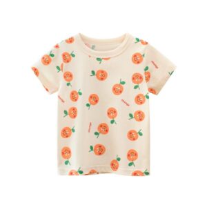 Kids Girls Cute Fruit Print Round Neck Cotton Short-Sleeved Top