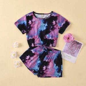 Kids Girls Casual Tie-dye Round Neck Short Sleeve T-Shirt And Elastic Waist Shorts Set