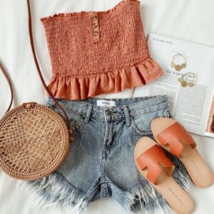 Kids Girls Solid Color Elastic Ruffles Boob Tube Top And Denim Shorts Set