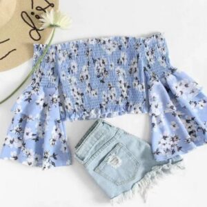 Kids Girls Sweet Flower All Over Print Flared Sleeve Off-the-shoulder Top And Denim Shorts Set