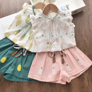 Kids Girls Basic Stringy Selvedge Sleeveless Single-breasted Pineapple Print Blouse And Elastic Shorts Set