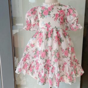 Kids Girls Sweet Puff Sleeve Round Neck Flower All Over Print Ruffled Loose Dress