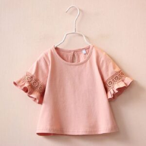 Kids Girls Basic Solid Color Round Neck Short Flare Sleeve Lace T-Shirt